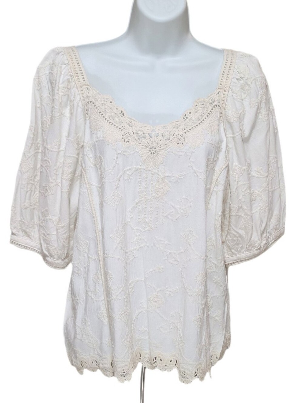 Democracy Lace Crochet Trim Embroidered Boho Woven Top Puff Sleeves Off White M